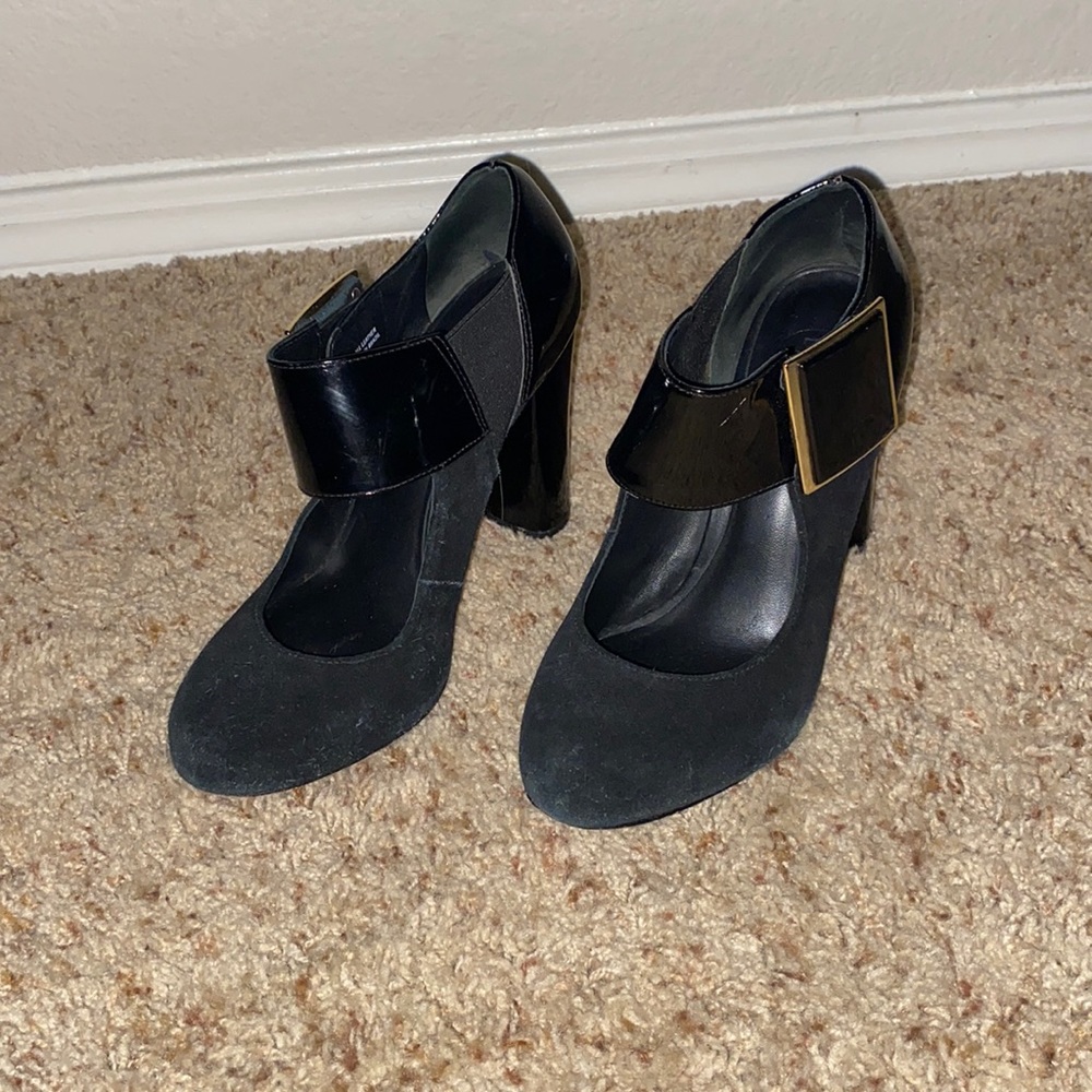 Black suede Tory Burch heels with buckle